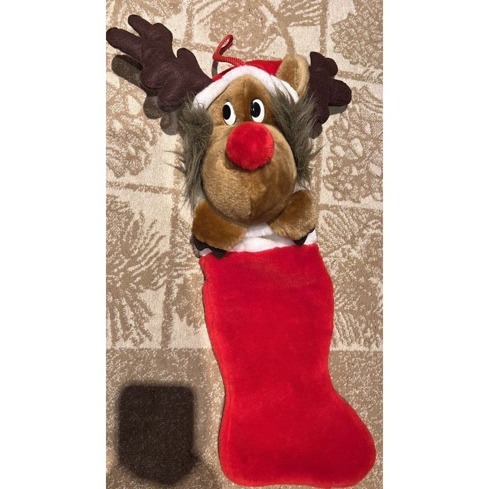 VTG Smithy Plush Red Nose Reindeer Moose Christmas Stocking W Santa Hat 28” Long